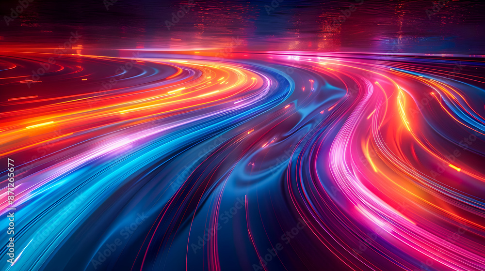 Poster vibrant pulsating neon light trails weaving through a deep mysterious dark background