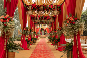 Fototapeta premium Luxurious Indian Wedding Venue with Vibrant Decorations and Red Drapes