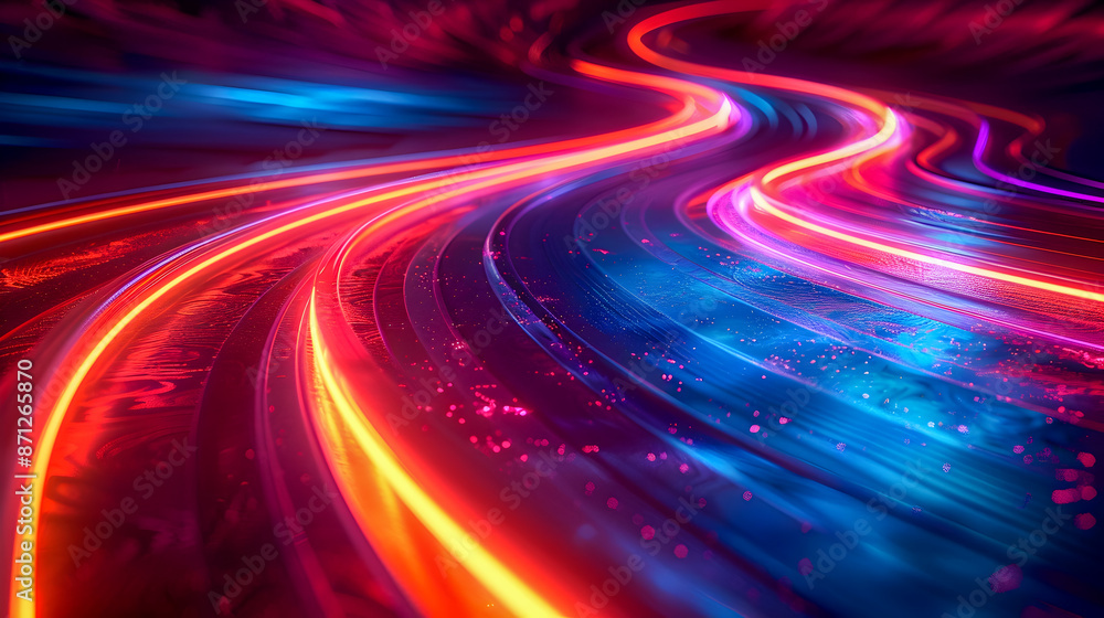 Poster vibrant curved neon light trails weaving through a deep mysterious dark background creating luminous