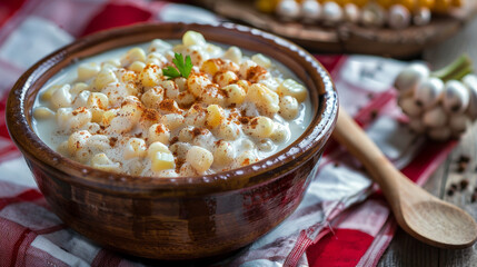 Creamy hominy in a rustic bowl with milk, topped with ground cinnamon and whole white corn kernels