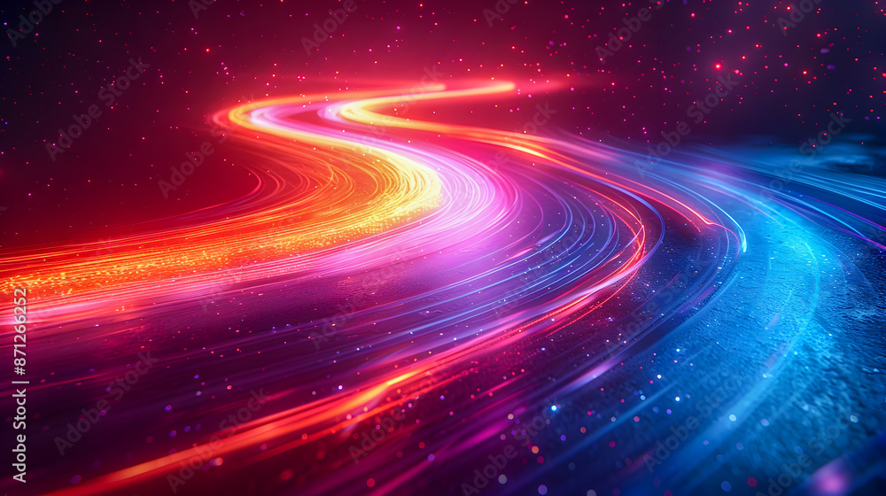 Poster mesmerizing neon light trails curving and pulsing through a deep mysterious dark cosmic background
