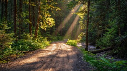 Obraz premium Sun-dappled forest road, vibrant green trees, sun rays illuminating the path, sparkling stream flowing beside, tranquil and scenic