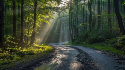 Obraz premium Sun-dappled forest road, vibrant green trees, sun rays illuminating the path, sparkling stream flowing beside, tranquil and scenic