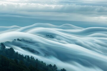 Obraz premium Mesmerizing fog waves roll over forested hills, creating a dreamlike seascape of mist. Treetops peek through ethereal clouds in a serene blue landscape.