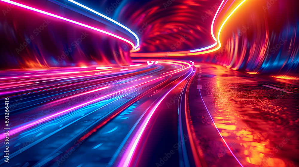 Poster mesmerizing abstract image featuring vibrant curved neon light trails against a deep