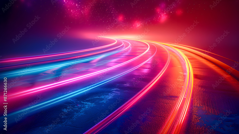 Poster vibrant curved neon light trails in a deep mysterious dark background creating a dynamic and energet