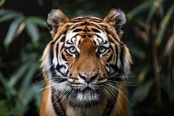 Majestic tiger portrait with piercing eyes and vibrant stripes. Closeup shot showcases whiskers and detailed facial features against blurred foliage.