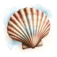 Watercolor Scallop Seashell. Close Up of Seashell Illustration. Decorative Beach Clam. Marine Background. Perfect For Invitations, Greeting Cards, Posters, Prints, Banners, Flyers. Generative AI