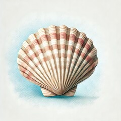 Watercolor Scallop Seashell. Close Up of Seashell Illustration. Beach Clam. Marine Background. Perfect For Invitations, Greeting Cards, Posters, Prints, Banners, Flyers. Generative AI