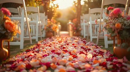 Elegant Outdoor Wedding Aisle with Floral Petal Decorations at Sunset