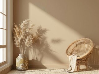 Empty beige wall mockup in boho room interior with wicker armchair and vase. Natural daylight from a window. Promotion background - ai