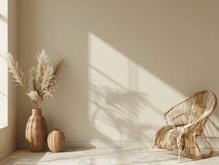 Empty beige wall mockup in boho room interior with wicker armchair and vase. Natural daylight from a window. Promotion background - ai