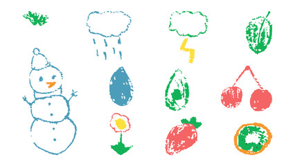 Doodles with the texture of wax chalk. Set elements imitating child drawing. Snowman berries clouds. Doodles abstract shapes. Vector illustration.