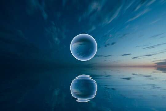 Floating sphere in water with sky background