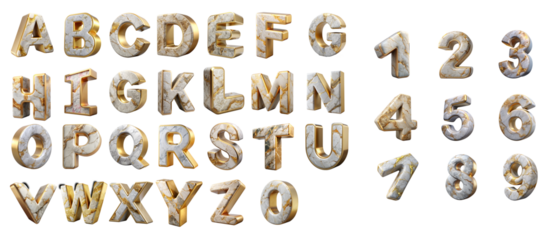 A marble-textured 3D Letter and numbers set, with gold veining throughout