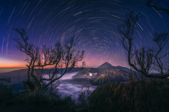 Startrail of bromo volcano in Indonesia.