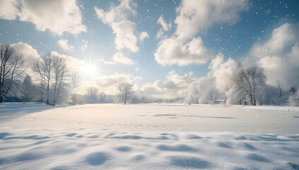 A beautiful winter landscape with a snow-covered field under a cloudy sky, captured during a bright, sunny day.