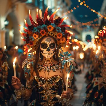 Colorful Catrinas Parading During D&iacute;a de los Muertos Celebration
