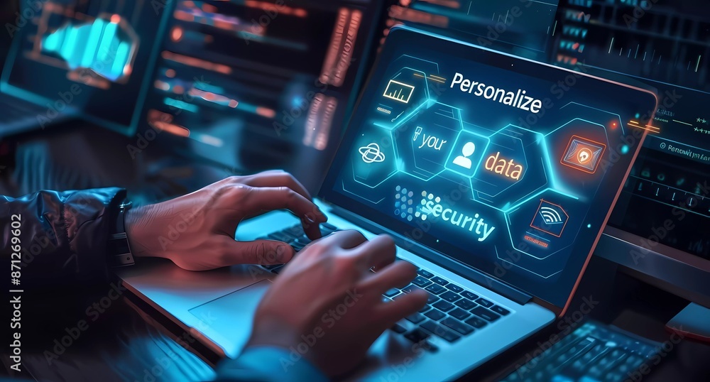 Poster a businessman is using his laptop to access the online network and show cyber security icons on a vi
