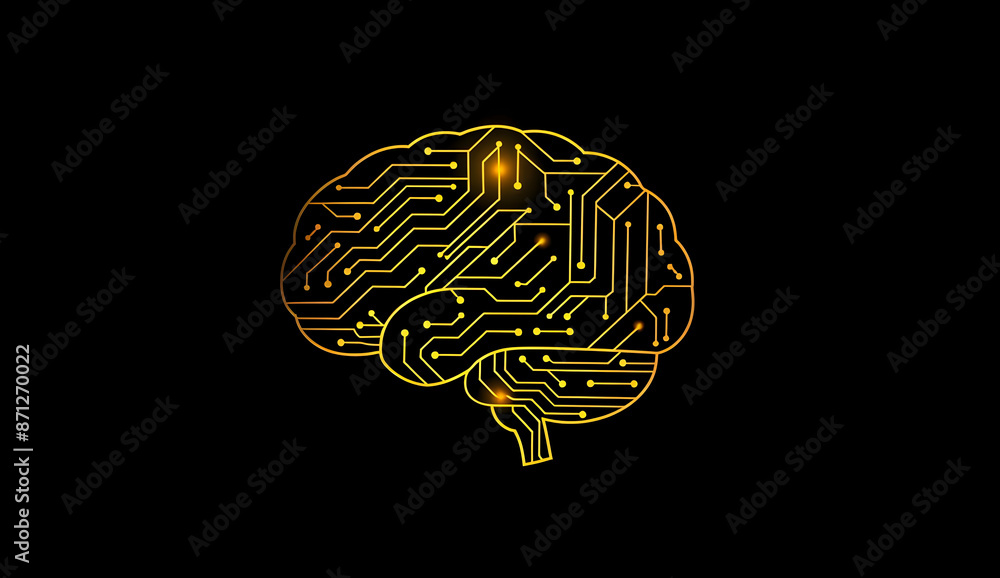 Poster abstract gold circuit brain on black background, symbolizing artificial intelligence, technology, an