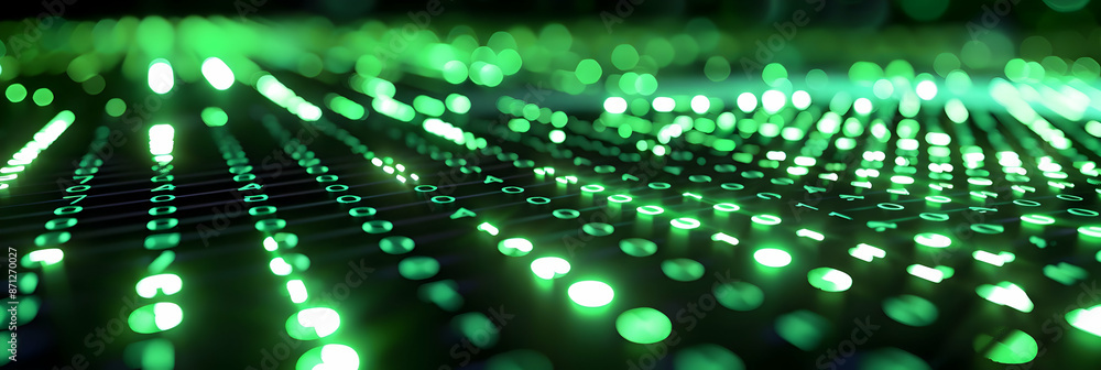 Poster abstract green led lights in rows creating a futuristic grid pattern, representing technology and di