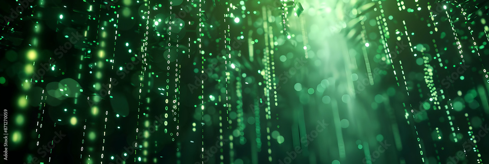 Poster abstract image of glowing green data streams, representing technology, digital communication, and hi
