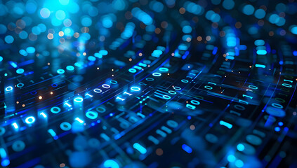 Obraz premium Abstract representation of digital data, technology, and high-tech communication, featuring blue lights and binary code.