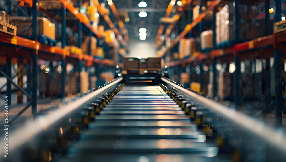Poster automated warehouse conveyor system transporting packages in a large, organized storage facility wit