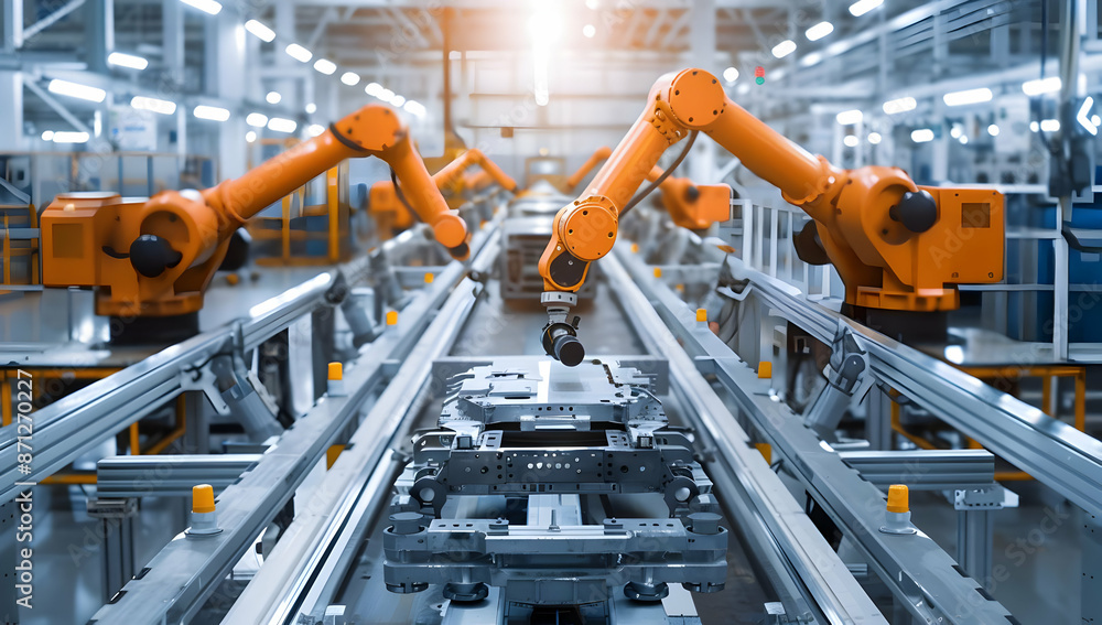 Poster automated robotic arms working on a production line in a modern factory, showcasing advanced manufac
