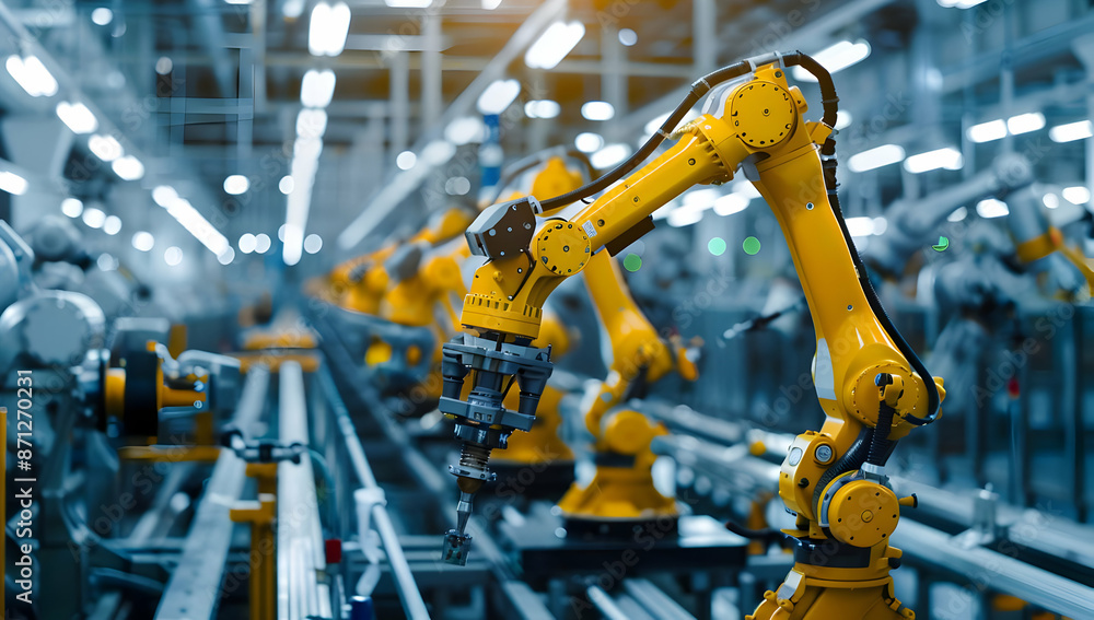 Poster automated factory line with robotic arms performing tasks, representing modern manufacturing and ind