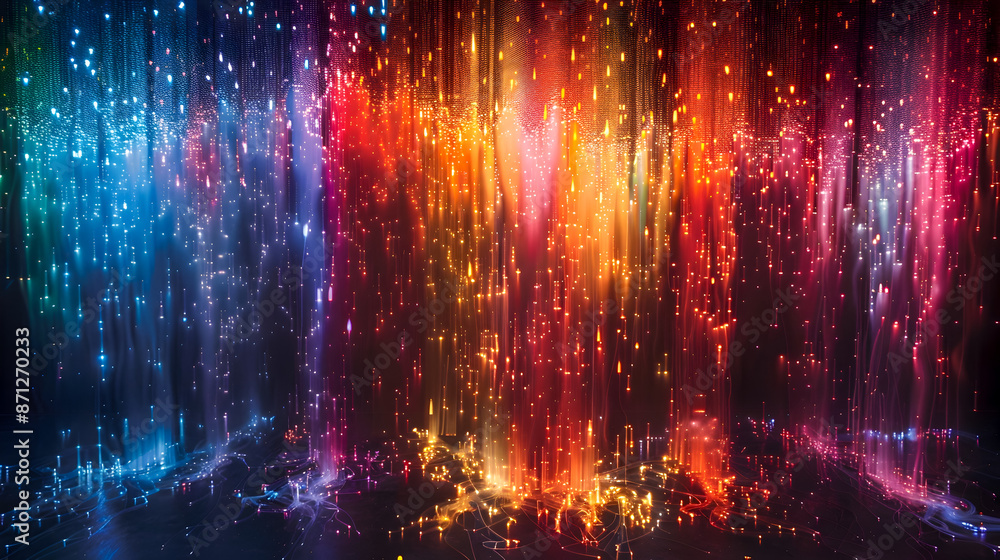 Poster cascading luminescent fiber optic strands converging in a captivating display on a mysterious black 
