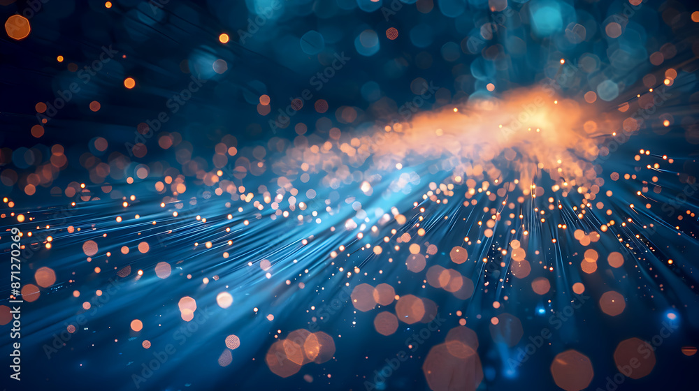 Poster radiant fiber optic cables entwining in dynamic captivating rays against a deep shadowy backdrop cre