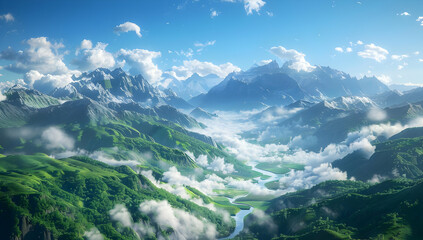 Breathtaking aerial view of lush green mountains with a river winding through, under a blue sky with fluffy clouds.