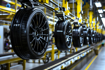 Fototapeta premium Black car tires lined up on an automated industrial assembly line in a modern factory, showcasing advanced manufacturing technology.