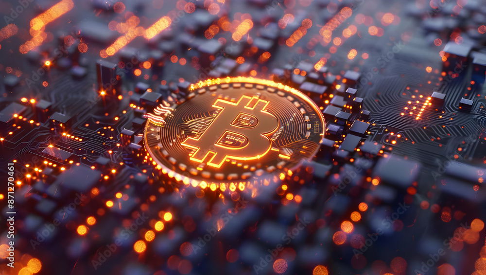 Poster Close-up of Bitcoin symbol on a glowing circuit board, representing cryptocurrency and blockchain technology.