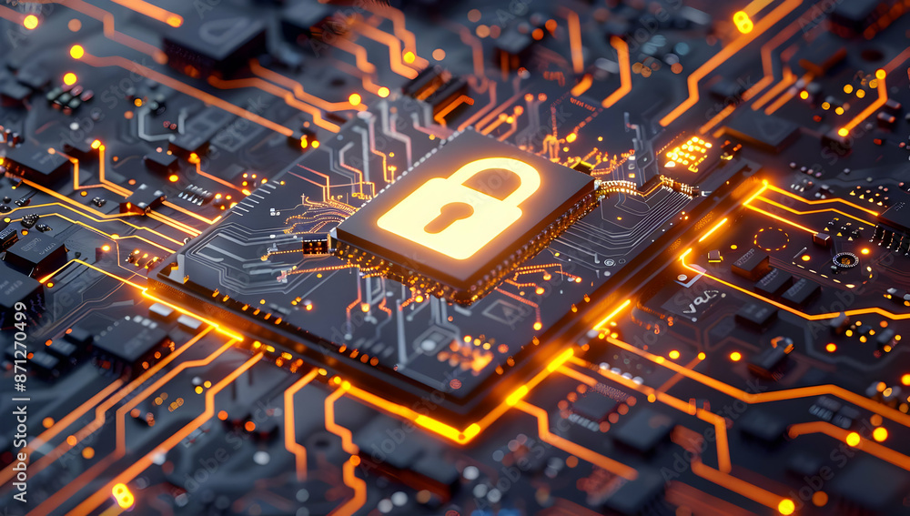 Poster close-up of glowing padlock icon on a microchip, symbolizing cybersecurity and data protection in th