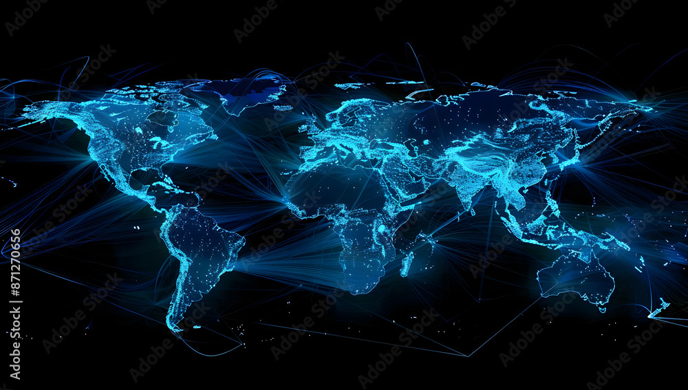 Poster digital blue world map with glowing lines and points, representing global connections and network co