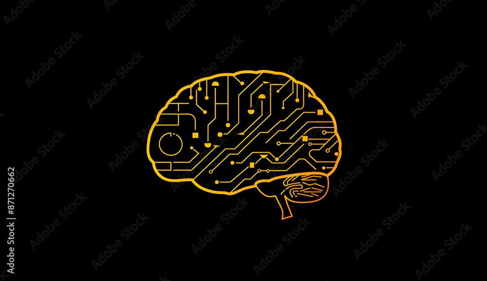 Poster digital brain illustration with circuit board design on black background, representing artificial in