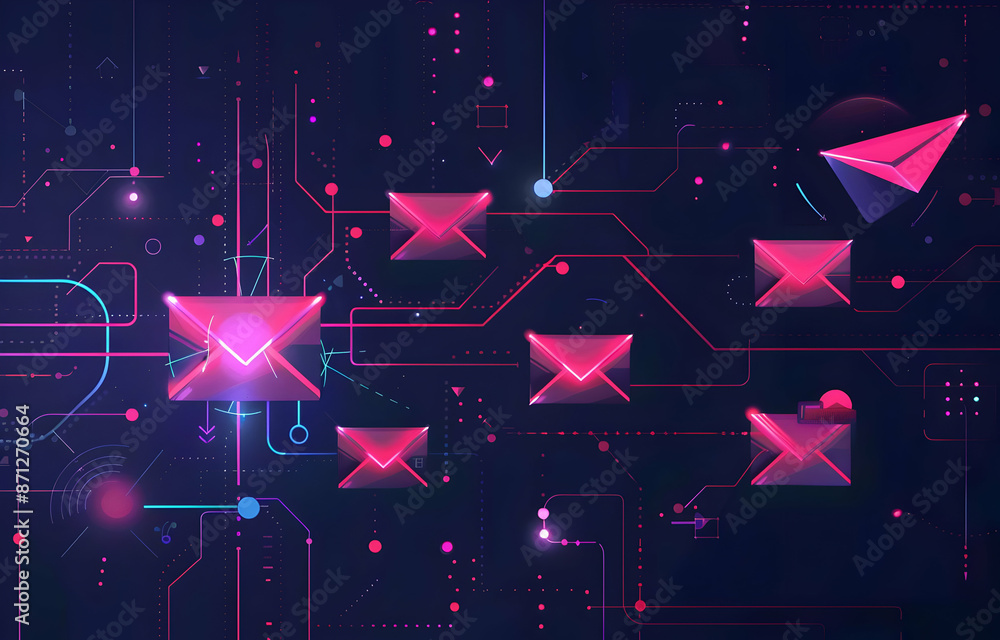 Poster digital communication concept featuring glowing email icons and paper planes over a dark circuit boa