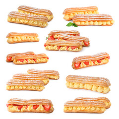 Different tasty eclairs with cream isolated on white, set