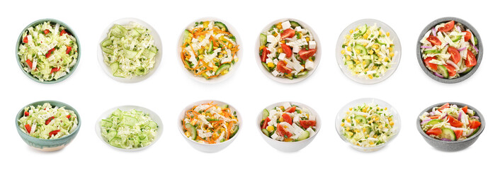 Set of different salads isolated on white, top and side views