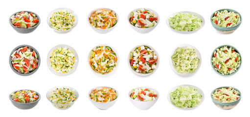 Set of different salads isolated on white, top and side views
