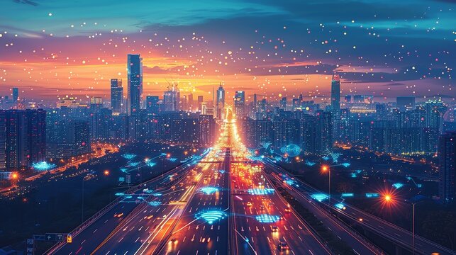 Futuristic illustration of smart cities powered by IoT, showcasing interconnected urban infrastructure. , Minimalism,