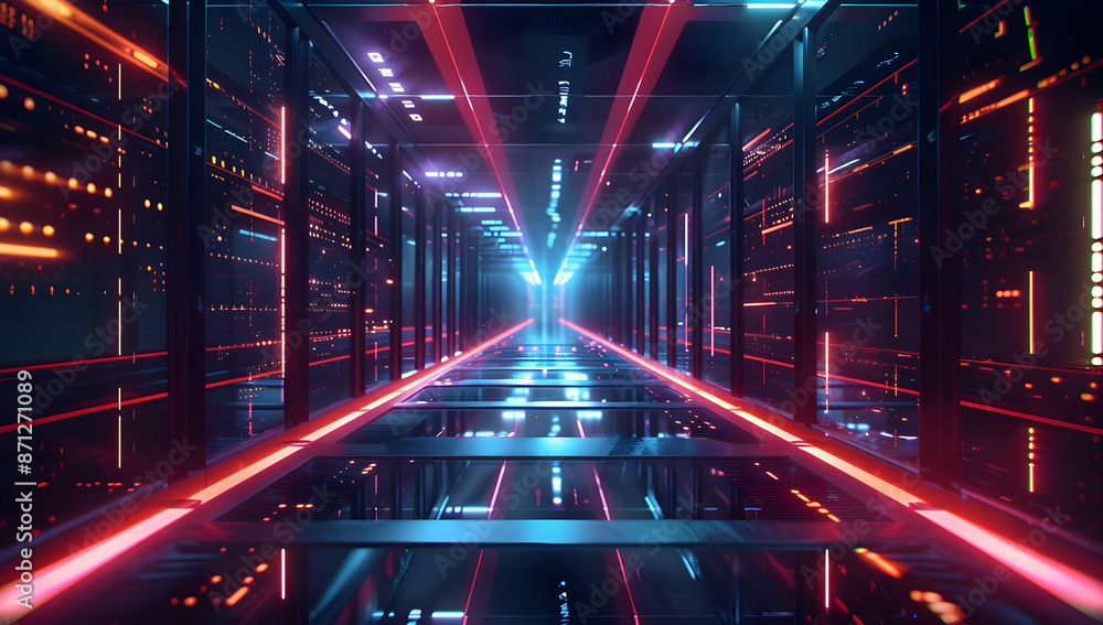 Poster futuristic data center corridor with glowing lights and advanced technology infrastructure, represen