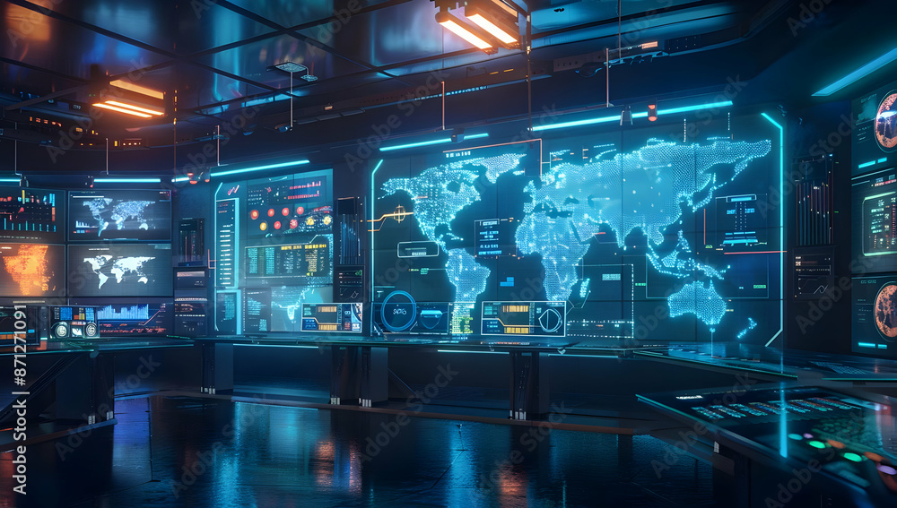 Poster futuristic command center with digital world map and data displays. sci-fi control room showcasing a