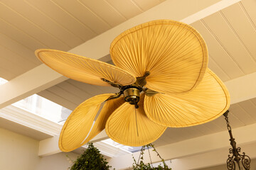 Close-up of decorative ceiling fan with leaf-shaped blades in modern home, copy space