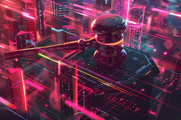 Futuristic cityscape with a digital gavel and neon lights, representing cyber law and justice in a high-tech environment.