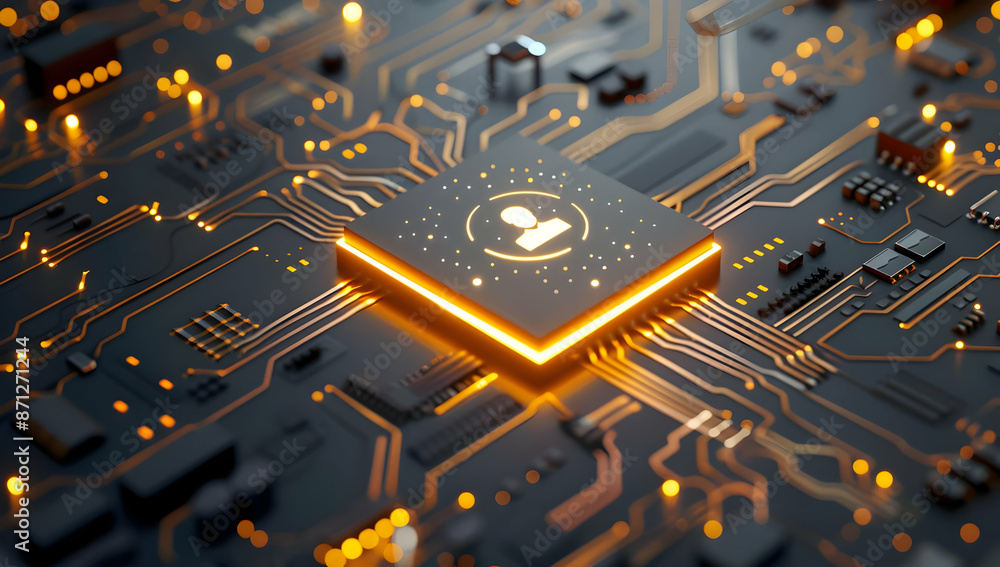 Poster futuristic motherboard with glowing circuitry and central microchip, representing advanced technolog