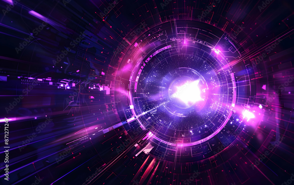 Poster futuristic neon light and digital technology background with dynamic lines and particles, conveying 