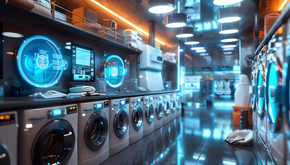 Futuristic laundromat with advanced washing machines and high-tech interfaces, offering a modern and innovative laundry experience.